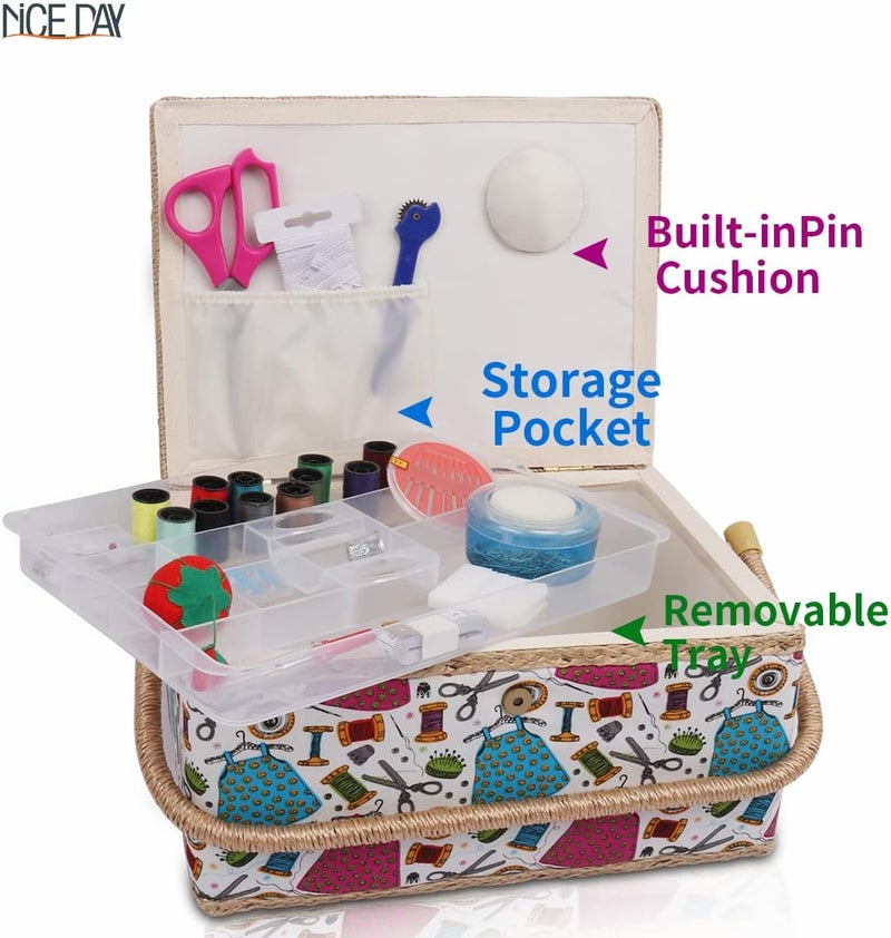 Nice Day Sewing Basket with Sewing for Girls/Kids/Beginners Colour Fabric Design Sewing Kit Accessories Large Sewing Box Sewing Supplies Organizer and Storage Portable Kit Embroidery Box 12.2 * 9.06 * 6.69 in - Image 3